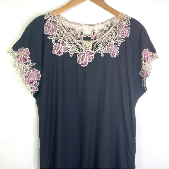 Vintage Embroidered Black Dress White Floral Lace Rayon Dress Pink Green - Picture 3 of 9
